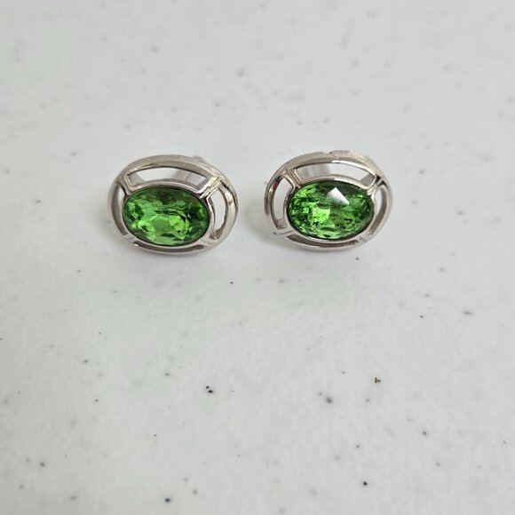 Swank Green Rhinestone Cufflinks Silver Tone Mens Oval Crystal Vintage - Picture 1 of 7